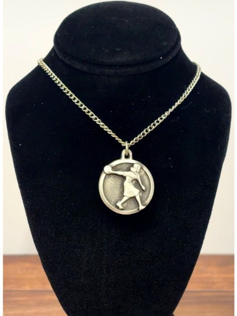 TS Vintage Bowling Pins Ball Pendant Necklace Silver Tone Trophy Shop NOS 10.37g